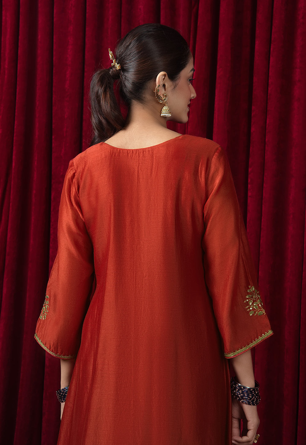 Amita Red Solid Chanderi Silk A Line kurta with Hand Embroidery