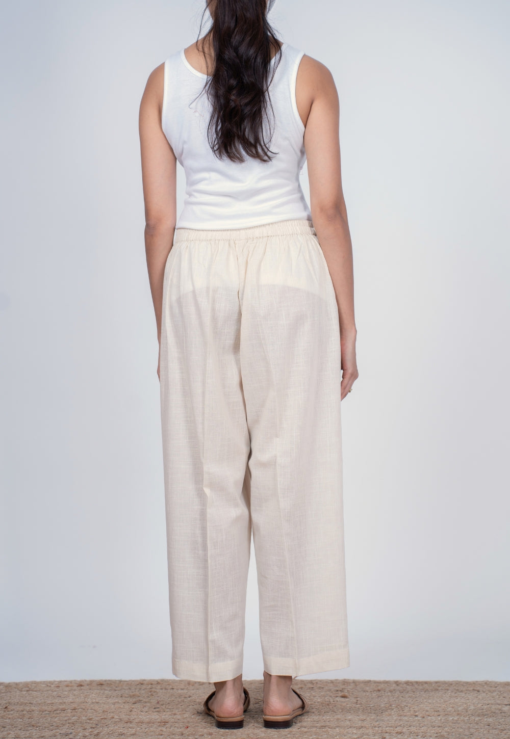 Yashi White Solid Slub Cotton Straight Pant