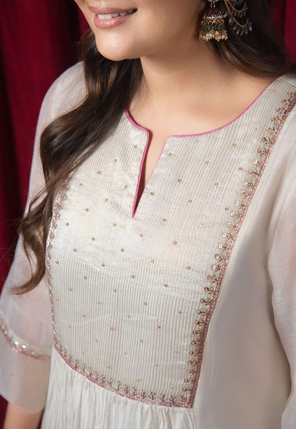 Jivika White Solid Chanderi Silk Kali Kurta with Hand Embrodiery