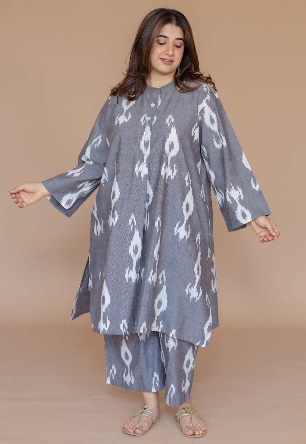 Ayaat Grey Handloom Ikkat Cotton Straight Co-Ord Set