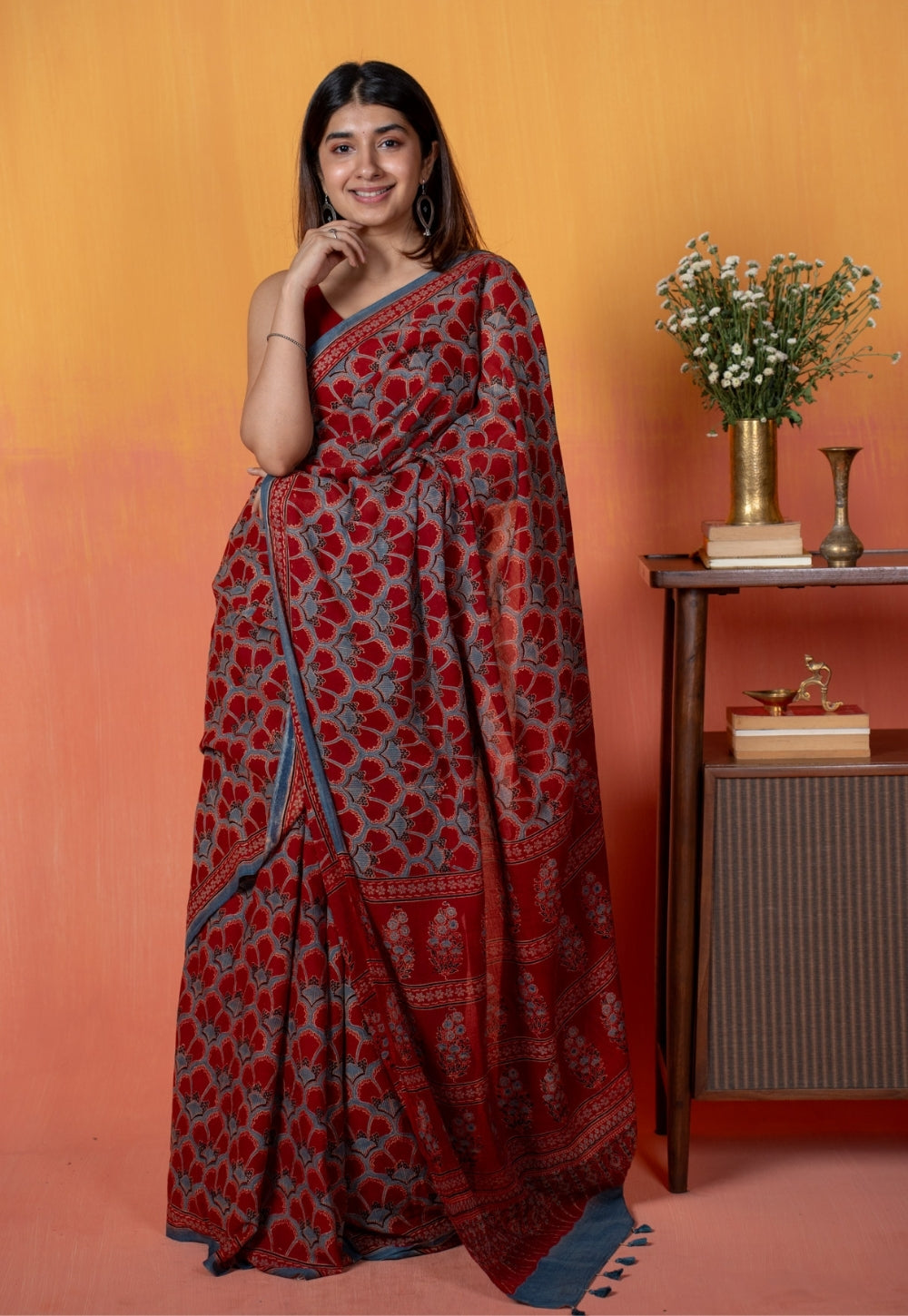 Red Clamshell Ajrakh Hand Block Print Mul Saree