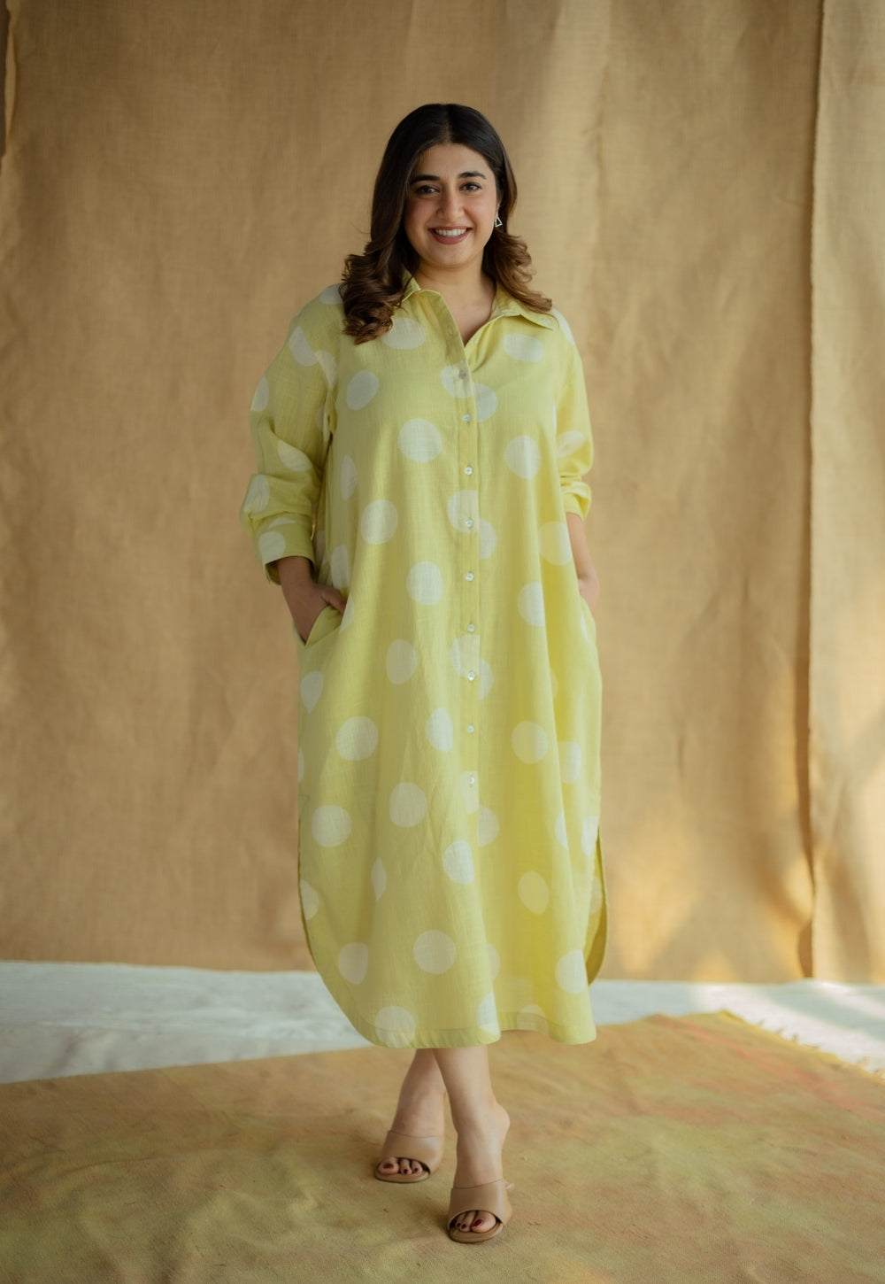 Samiyah Lime Green Hand Block Print Slub Cotton Shirt Dress