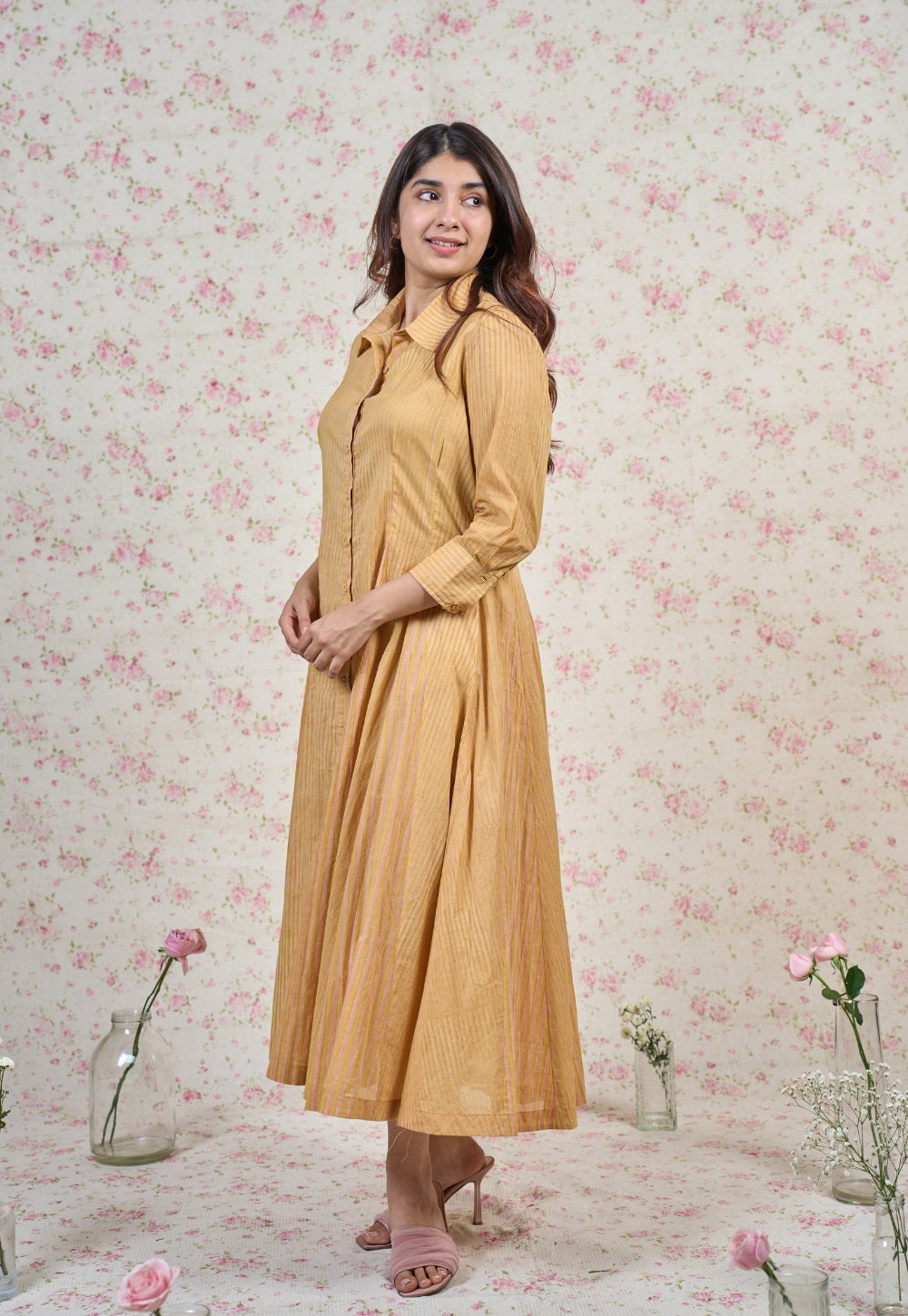 Claire Yellow Sanganeri Mul Cotton A Line Dress