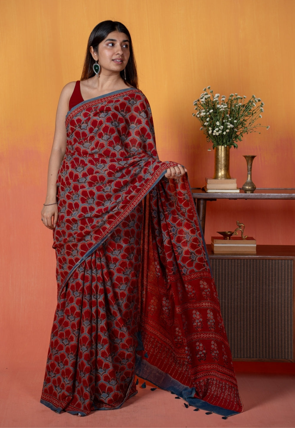 Red Clamshell Ajrakh Hand Block Print Mul Saree