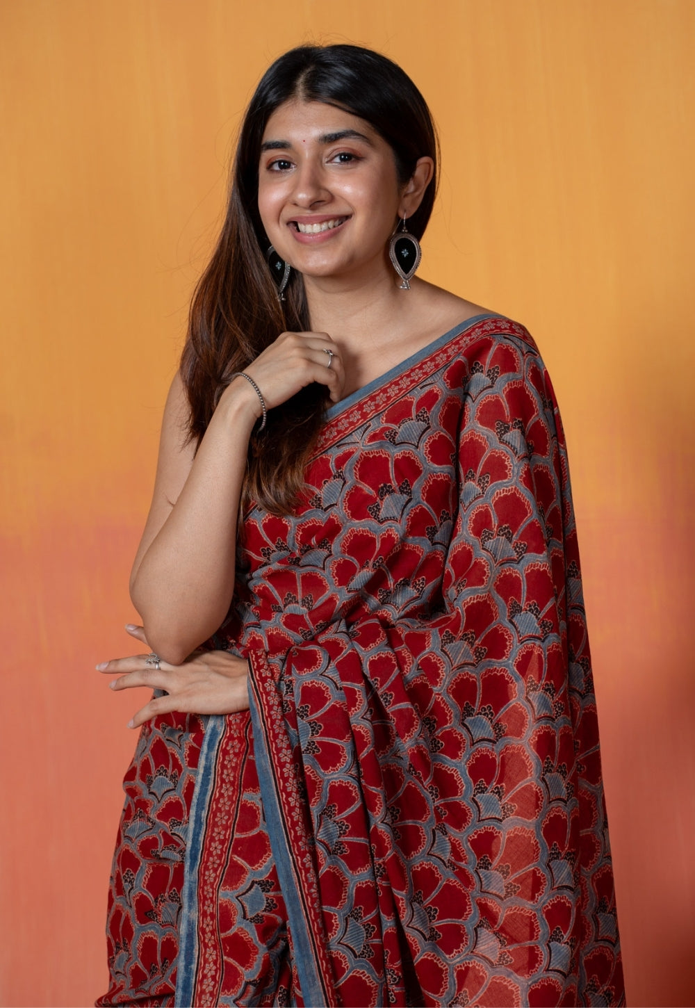 Red Clamshell Ajrakh Hand Block Print Mul Saree