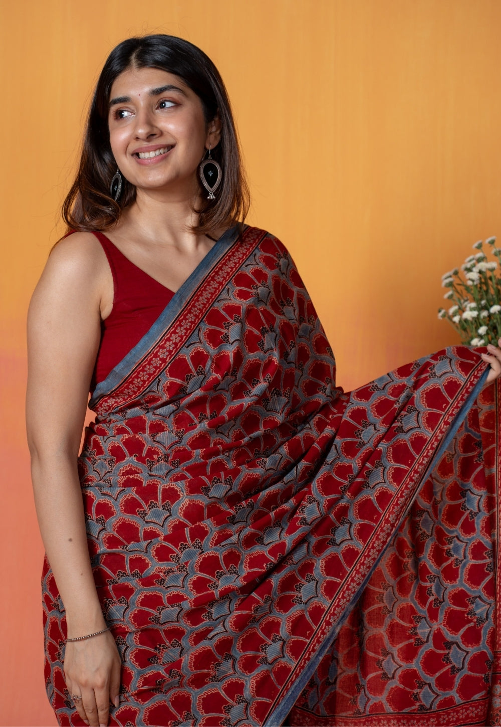 Red Clamshell Ajrakh Hand Block Print Mul Saree