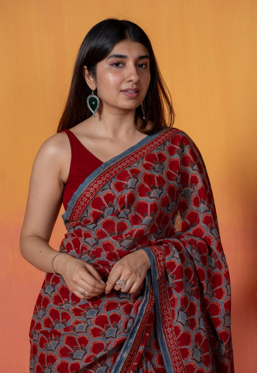 Red Clamshell Ajrakh Hand Block Print Mul Saree