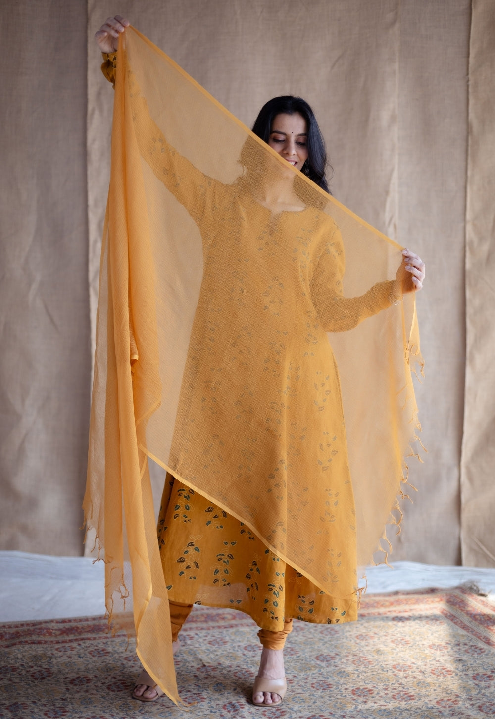 Trisha Mustard Ajrakh Cotton Jhabbha Kali Suit Set (Set of 3)