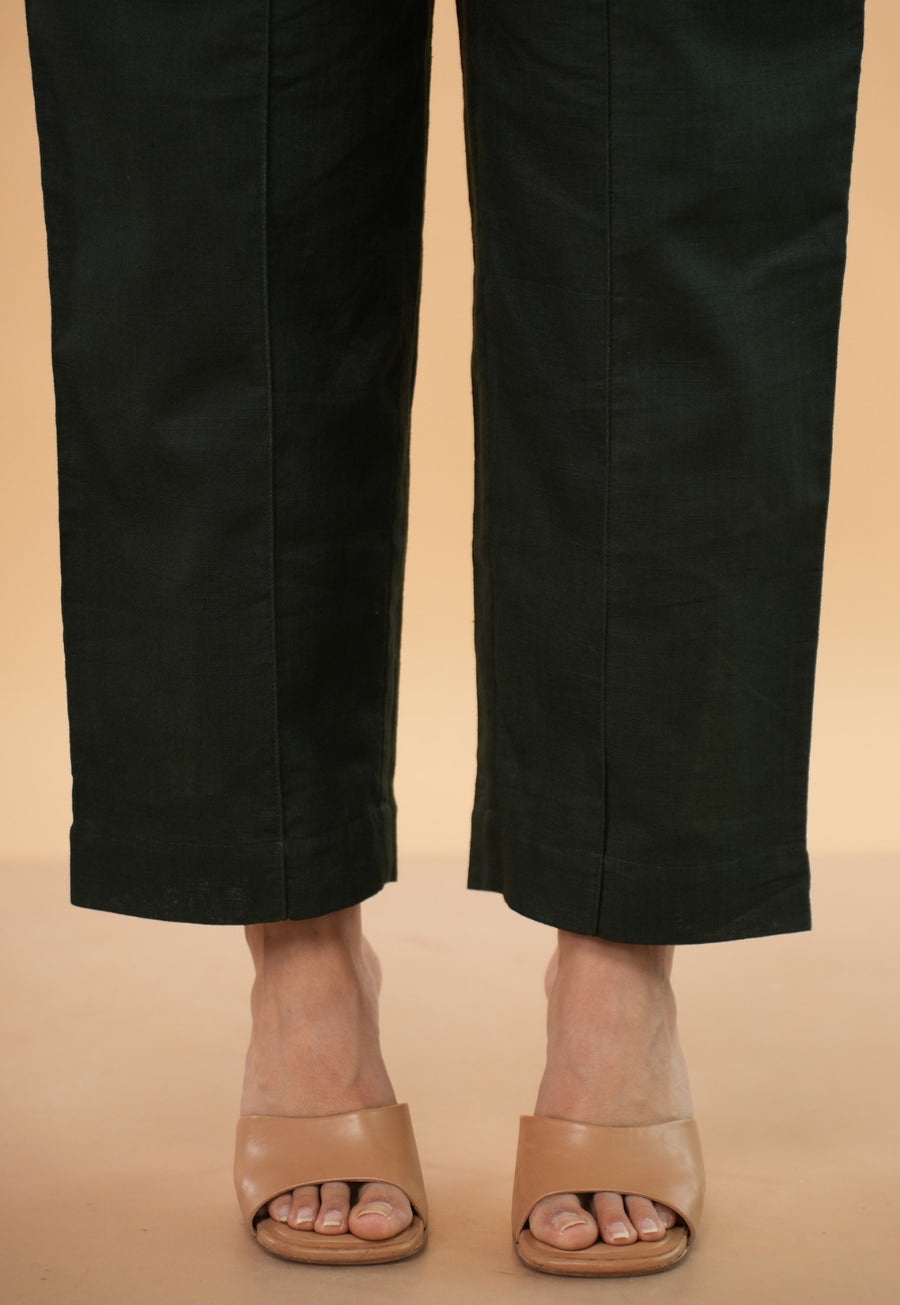 Myra Green Solid Slub Cotton Straight Pant