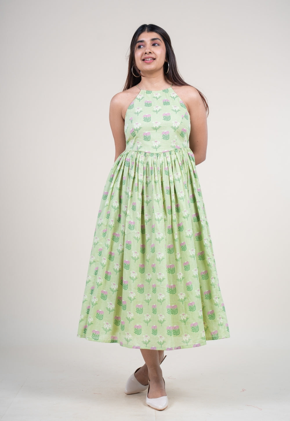 Zinal Mint Green Printed Mul A Line Dress
