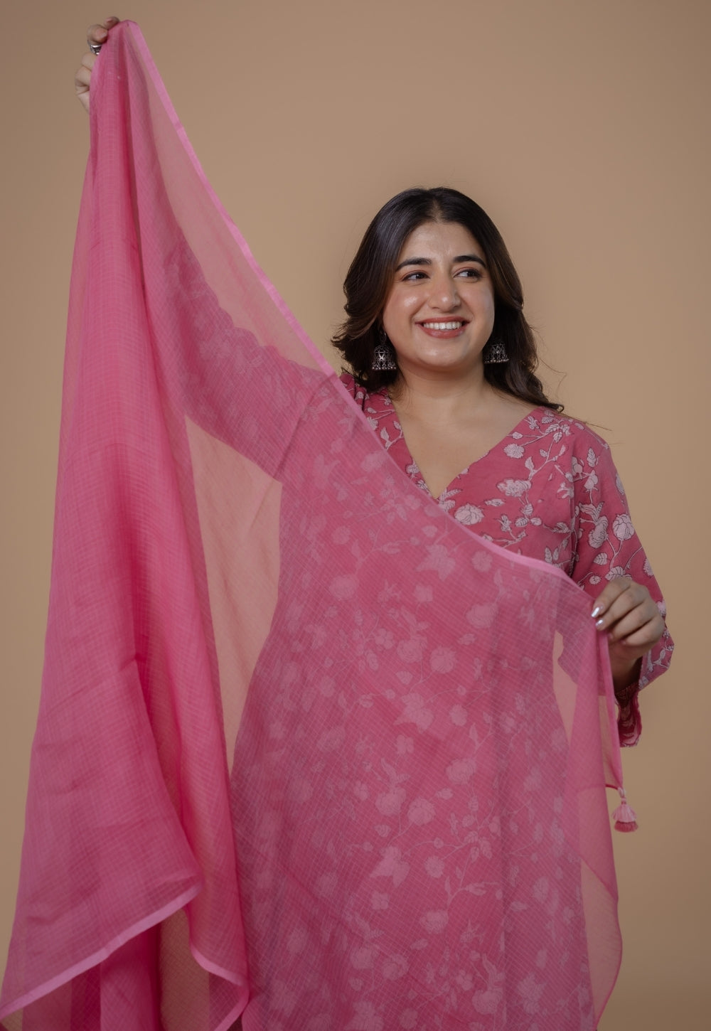 Pink Solid Kota Doria Cotton Dupatta