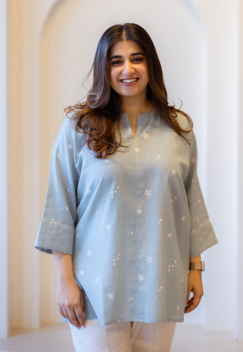 Lyla Sky Blue Hand Block Print Slub Cotton Straight Short Top with Hand Embroidery