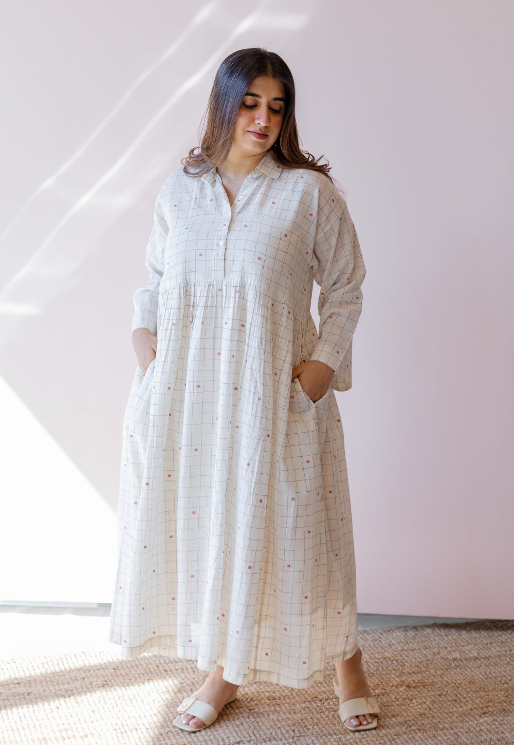 Maira Off White Jamdani Handloom Cotton A Line Dress