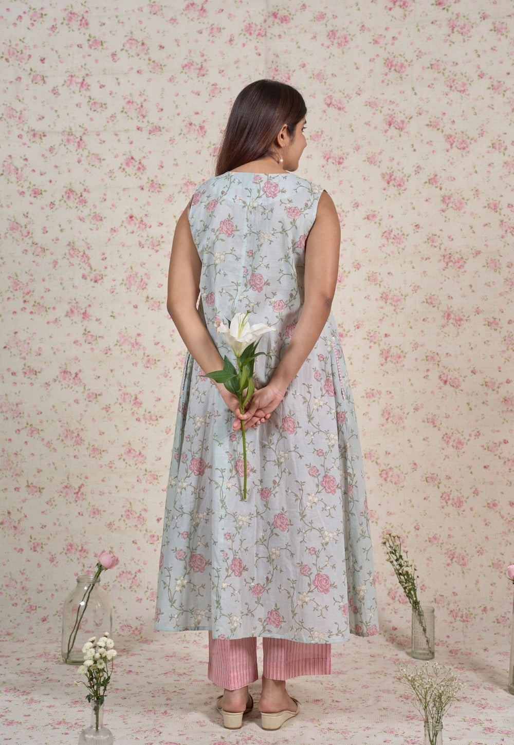 Flora Blue Sanganeri Mul Cotton A Line Kurta