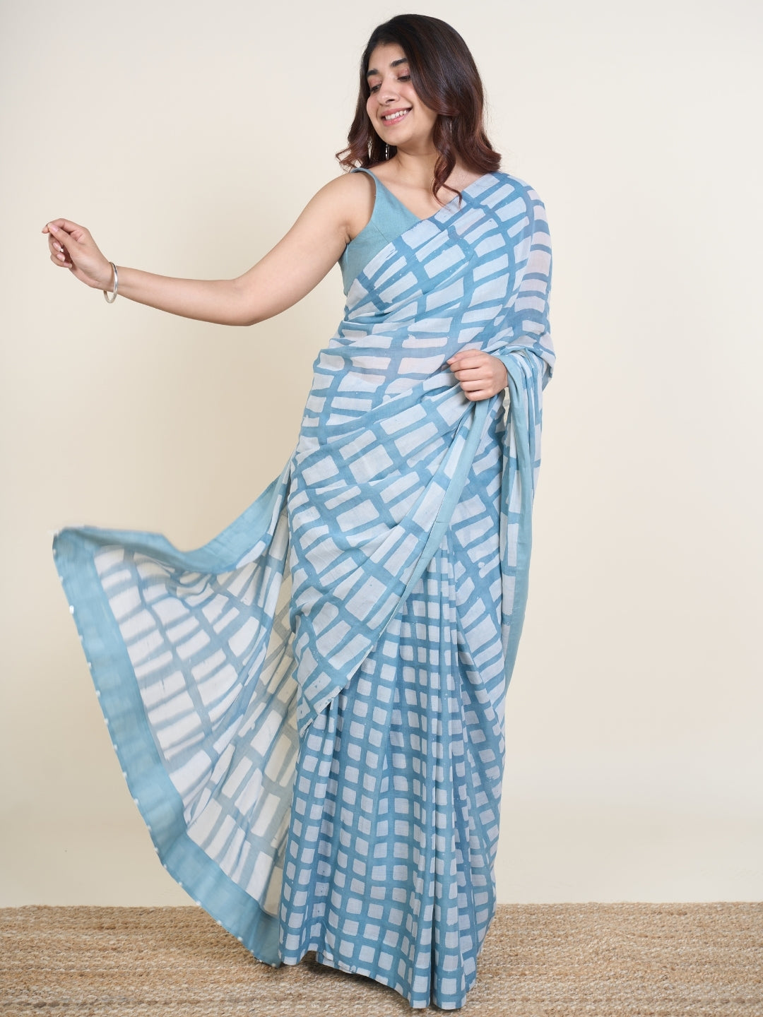 Mishi Blue Batik Hand Block Print Mul Cotton Saree with Embroidery