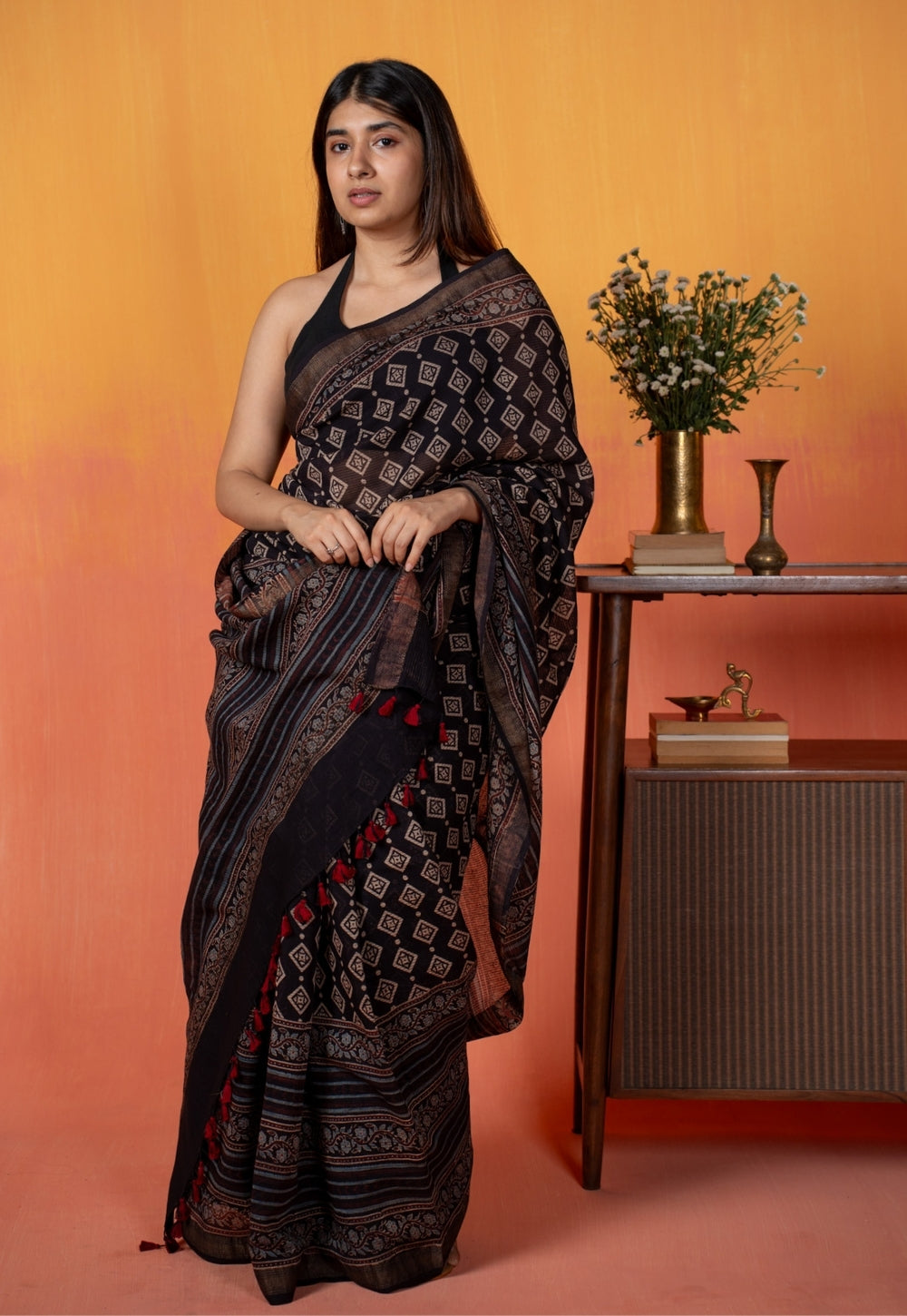 Black Aztec Ajrakh Hand Block Print Maheshwari Saree