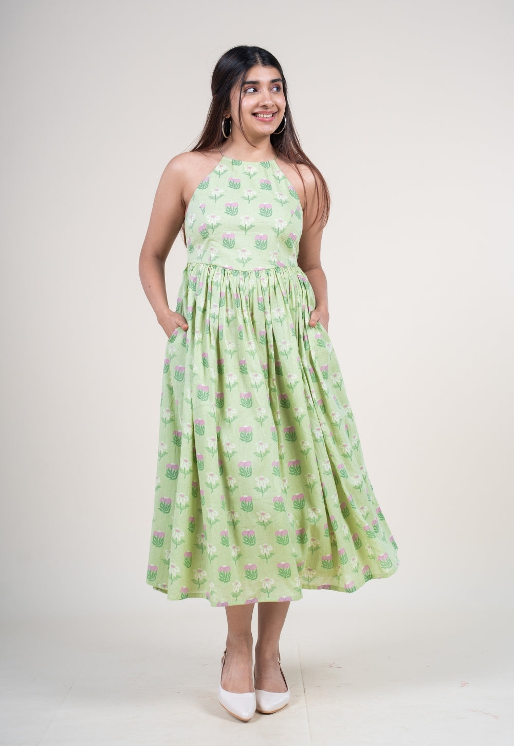 Zinal Mint Green Printed Mul A Line Dress