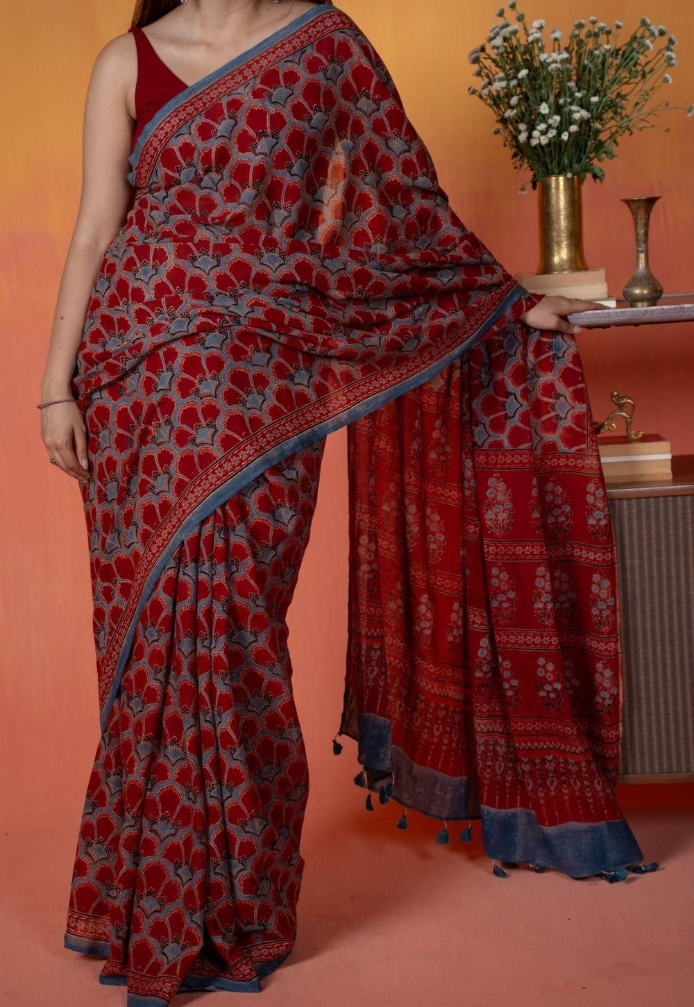 Red Clamshell Ajrakh Hand Block Print Mul Saree