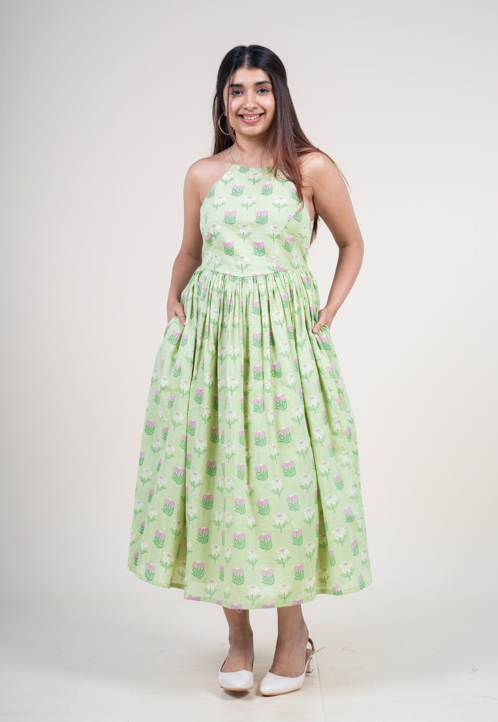 Zinal Mint Green Printed Mul A Line Dress