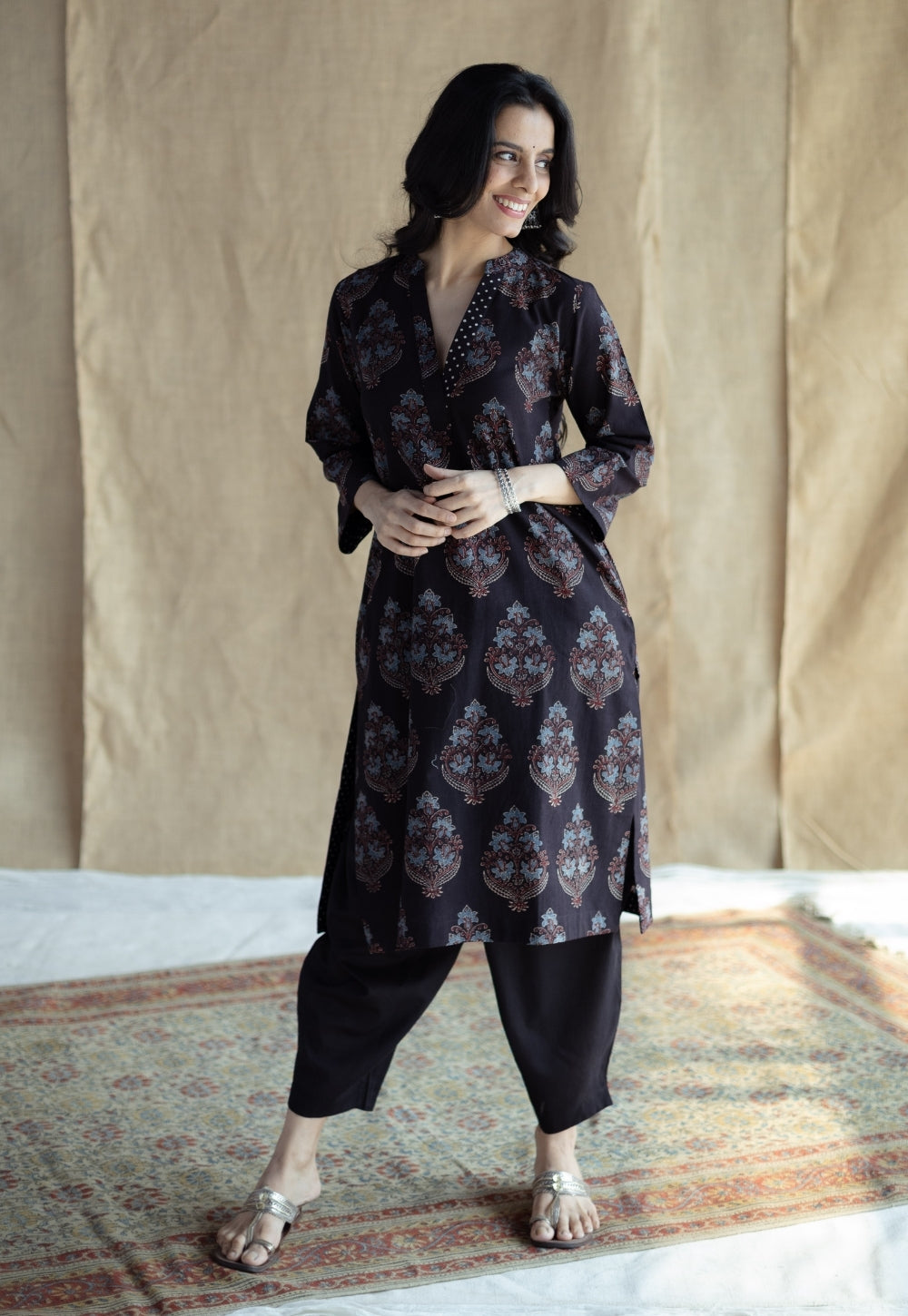 Maya Black Ajrakh Cotton Straight Kurta