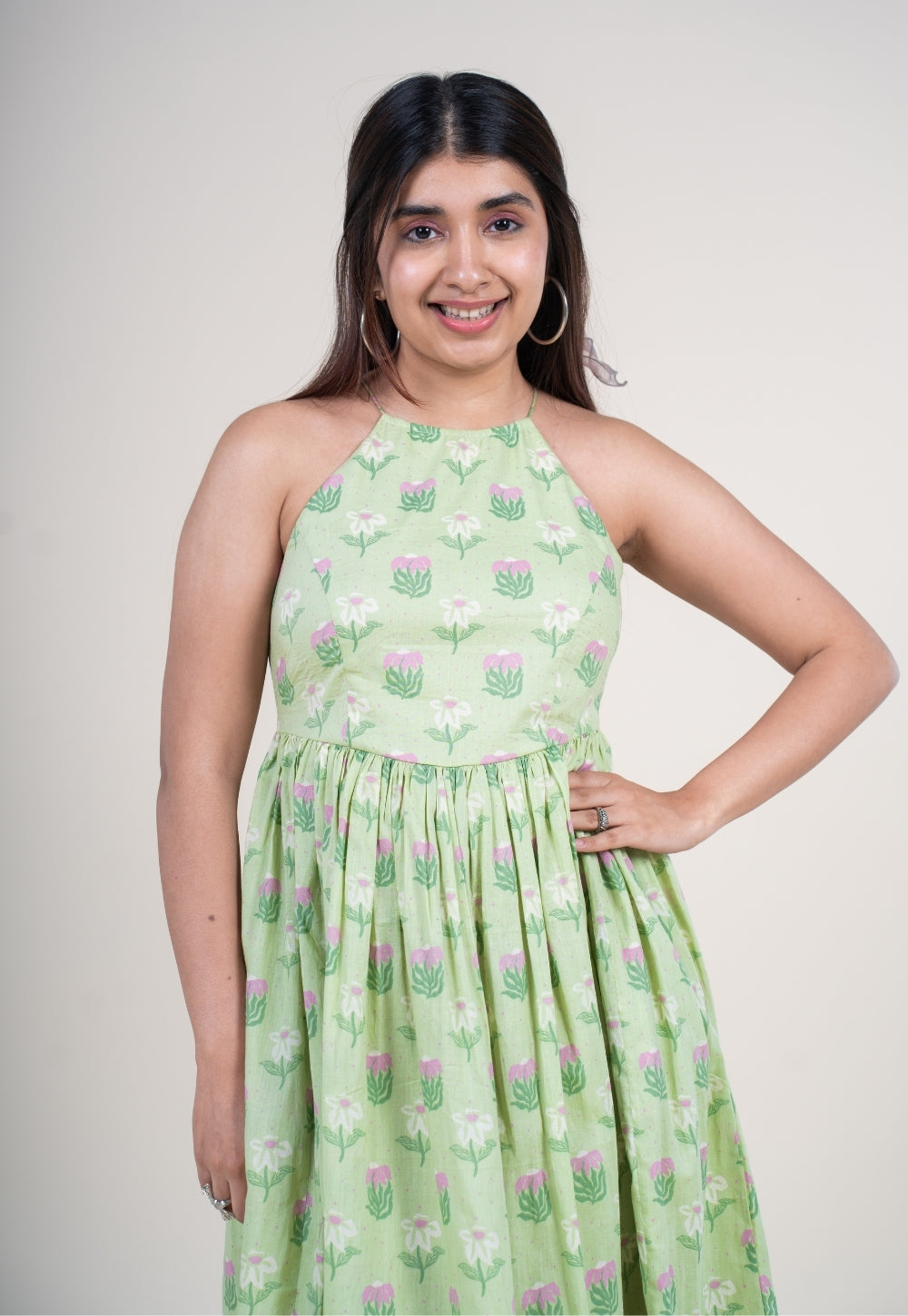 Zinal Mint Green Printed Mul A Line Dress