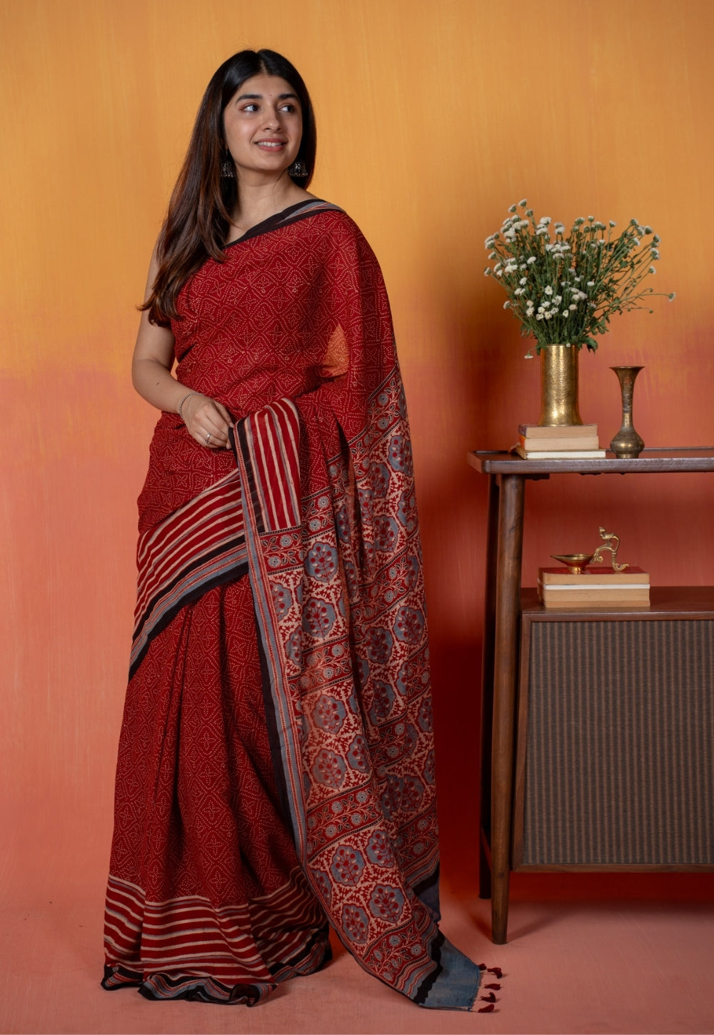 Red Stripe Ajrakh Hand Block Print Mul Saree