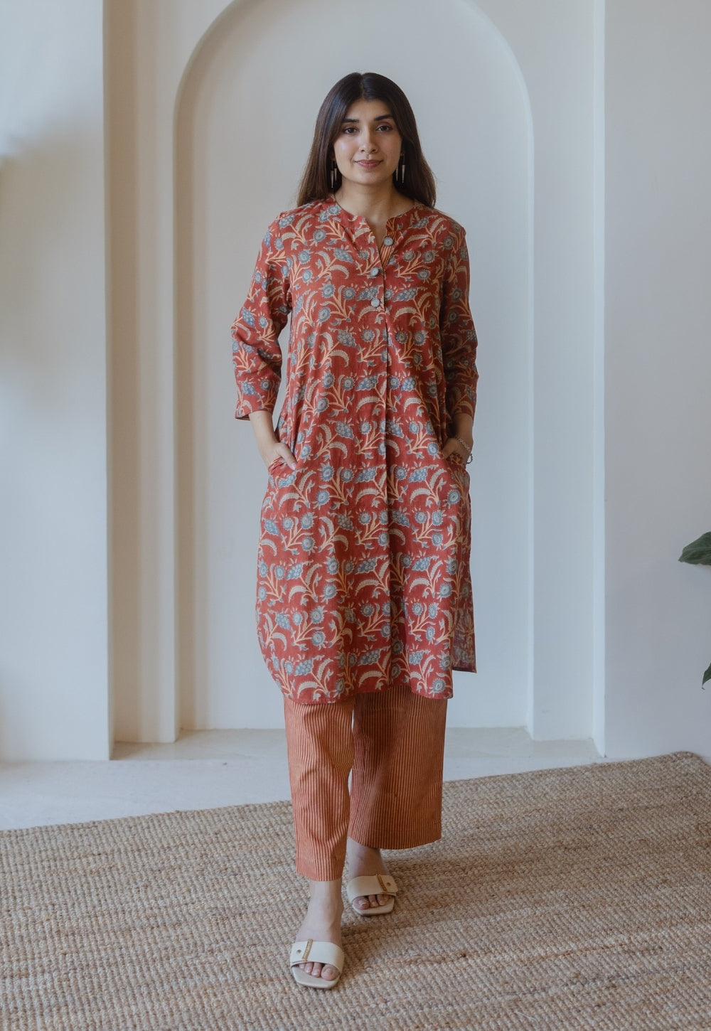 Aiza Red Ajrakh Cotton Straight Kurta