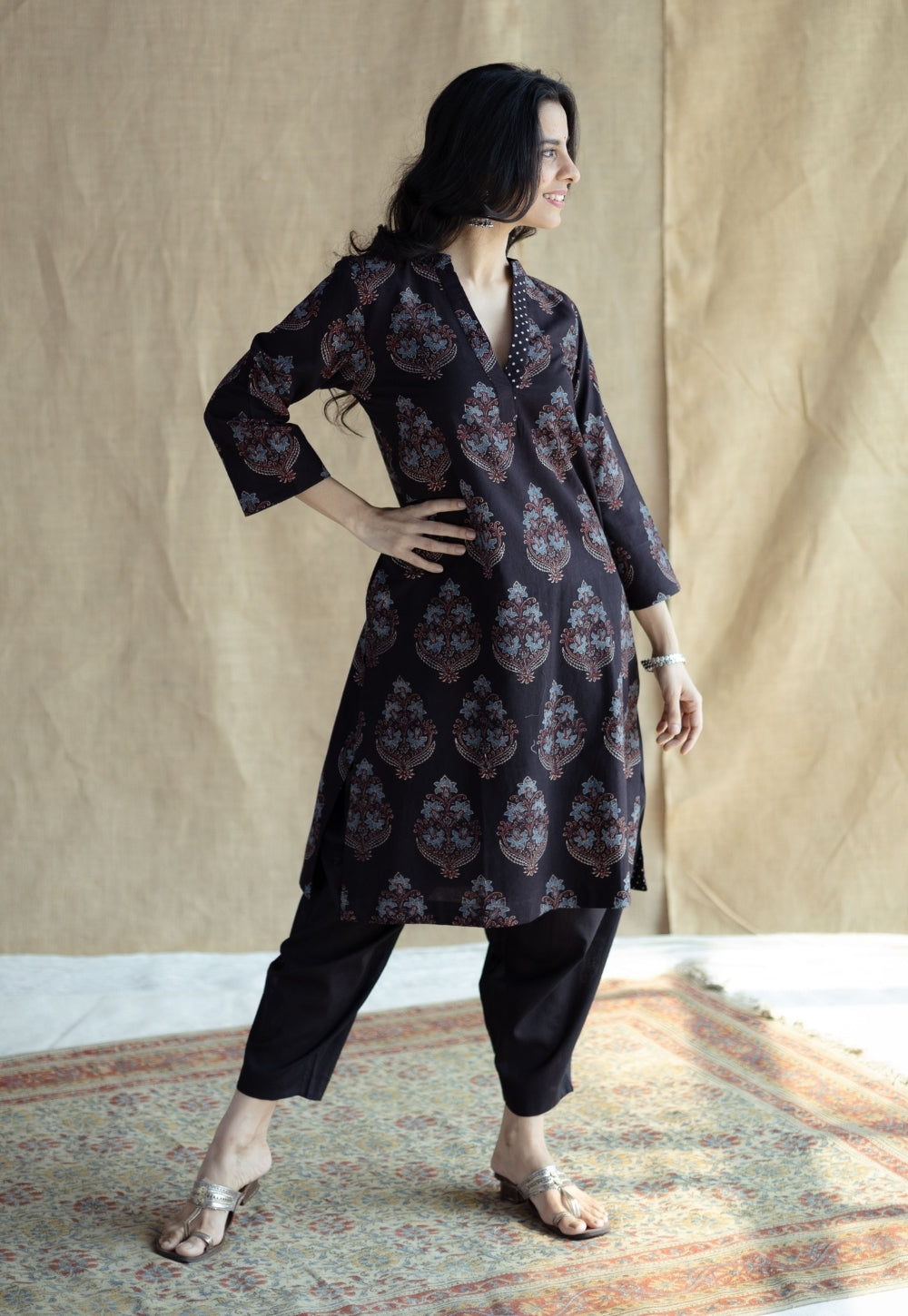 Maya Black Ajrakh Cotton Straight Kurta