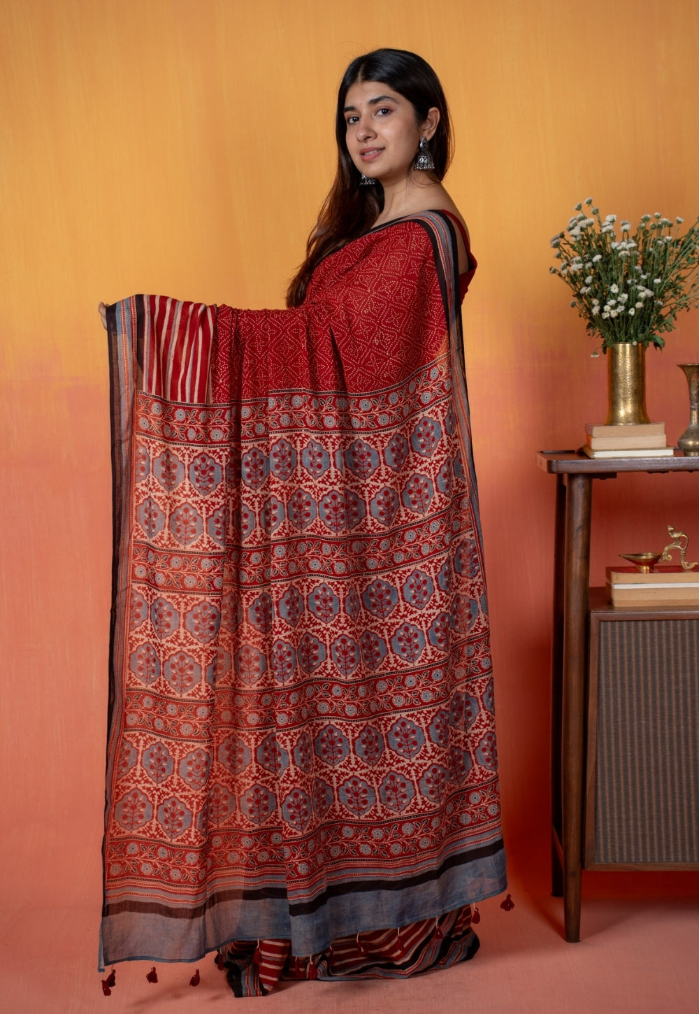 Red Stripe Ajrakh Hand Block Print Mul Saree