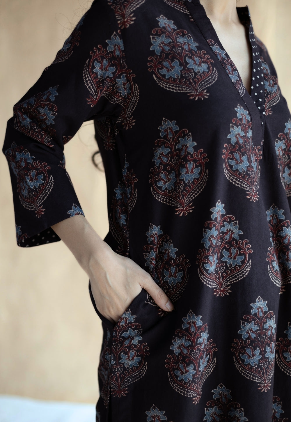 Maya Black Ajrakh Cotton Straight Kurta