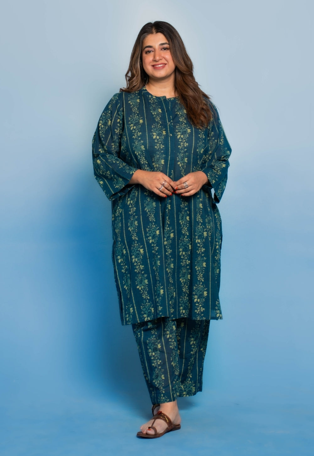 Harshi Teal Blue Dabu Mul Cotton Straight Co-Ord Set