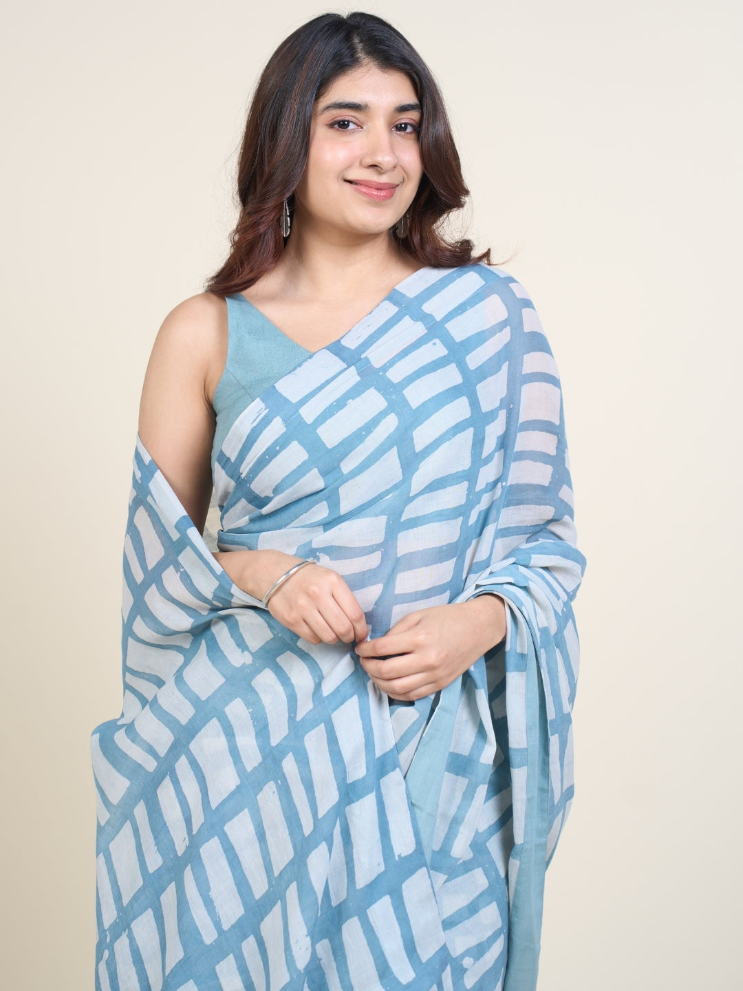Mishi Blue Batik Hand Block Print Mul Cotton Saree with Embroidery