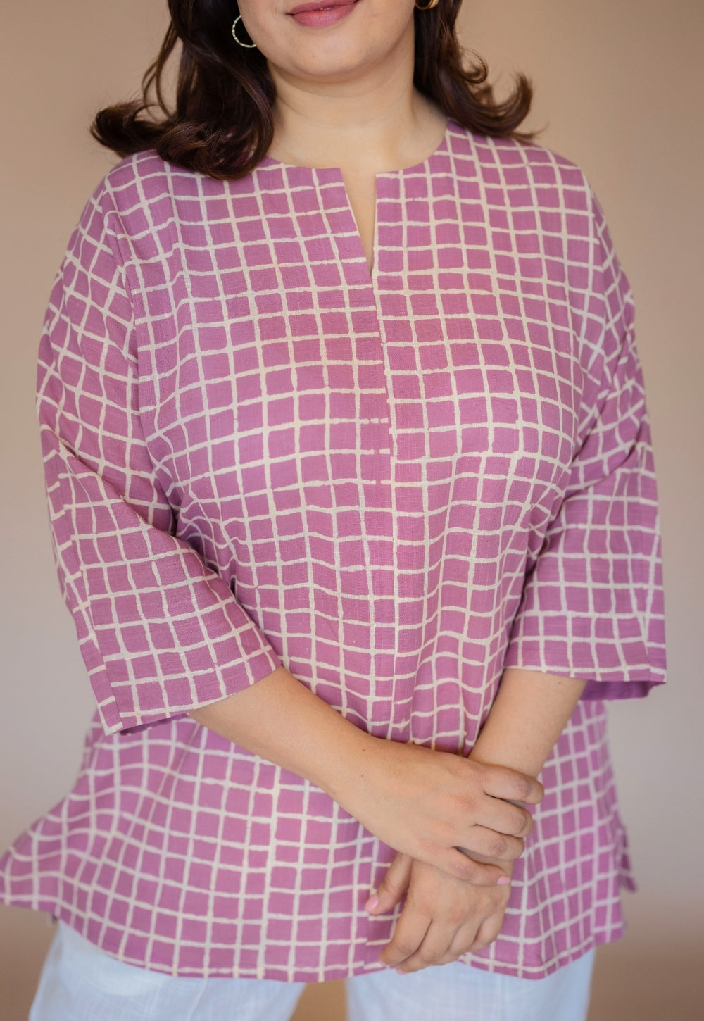 Lyla Pink Hand Block Print Slub Cotton Straight Short Top