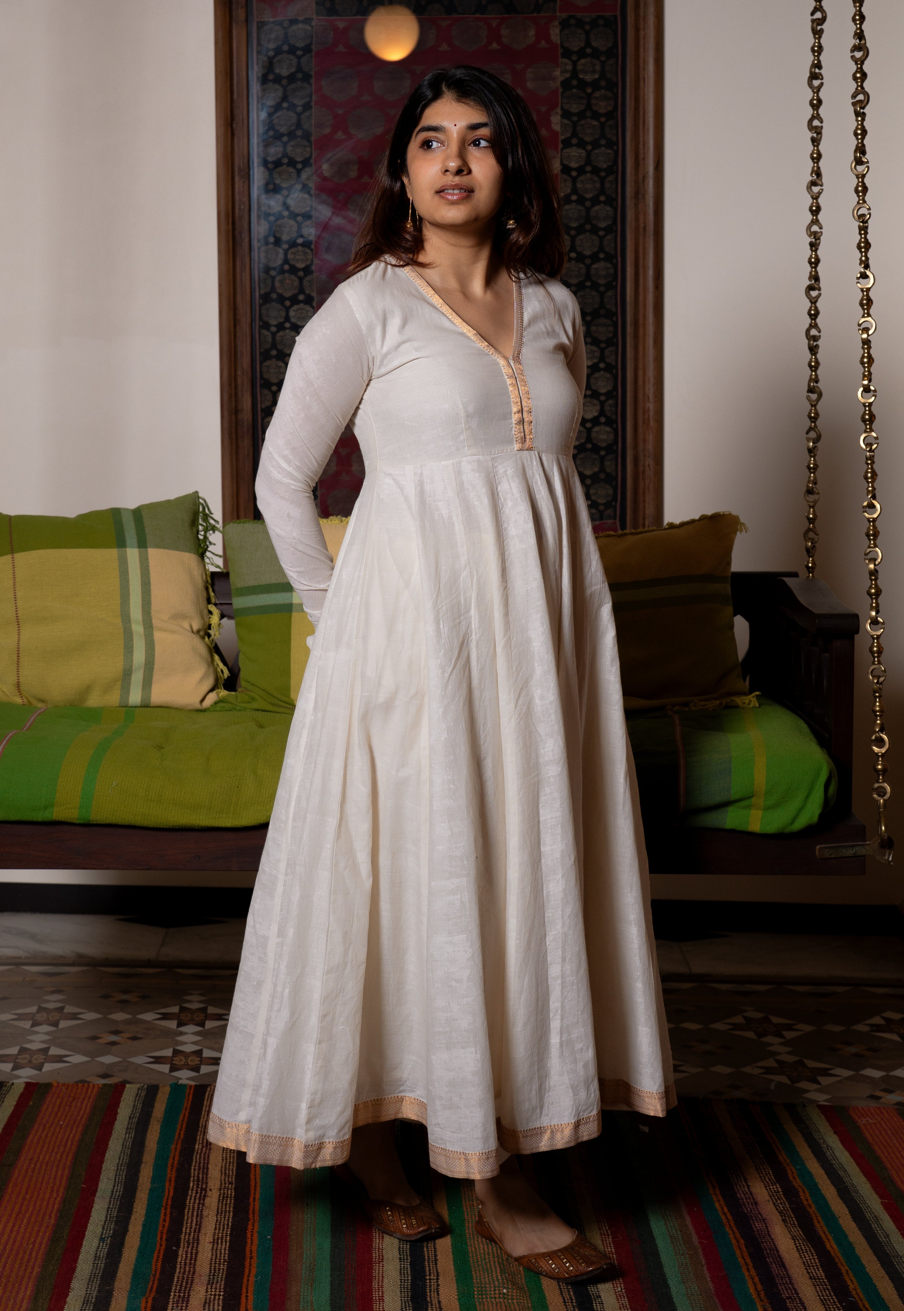 Husna White Mangalgiri Cotton Kali Kurta with Nizam Border