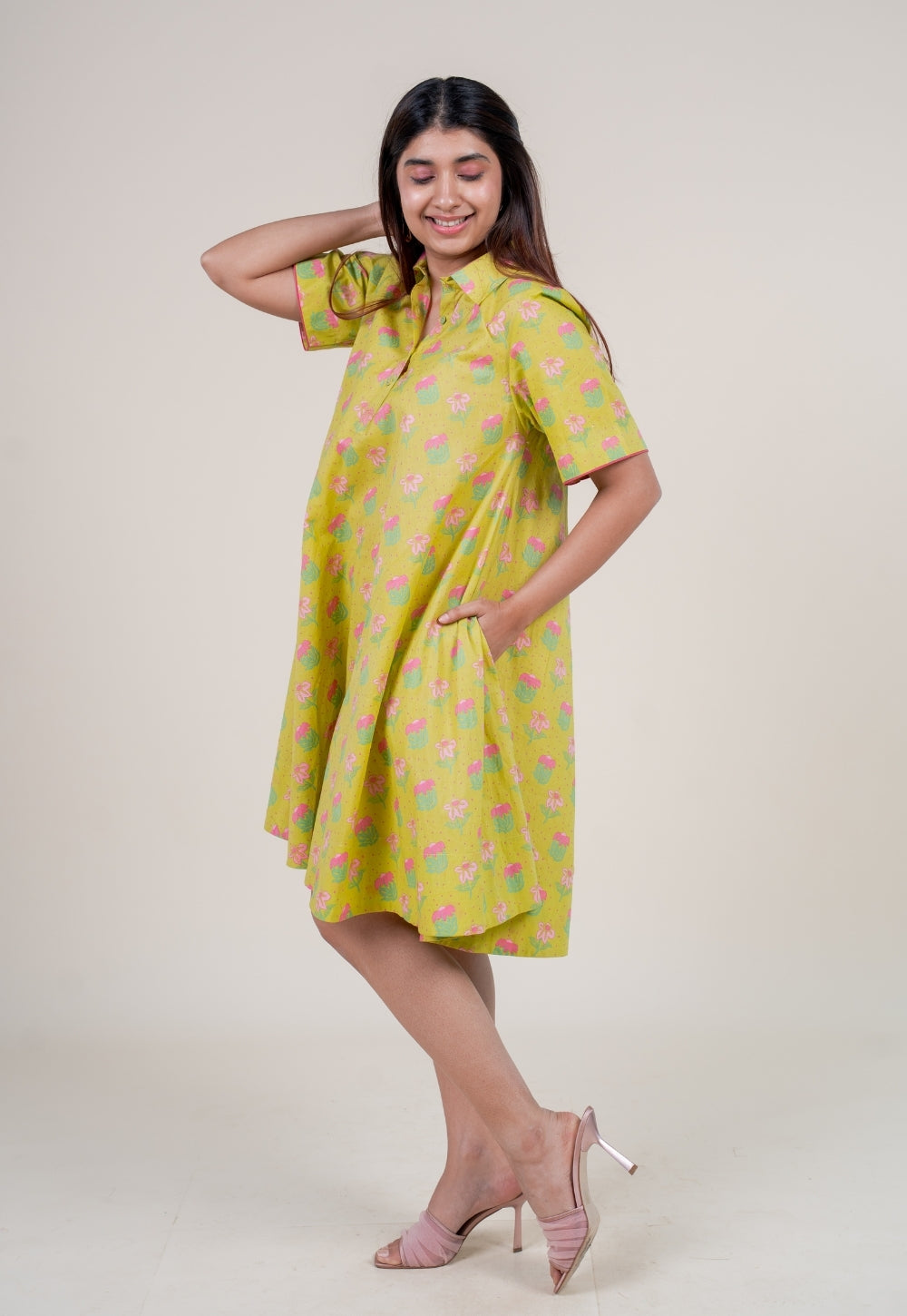Srisha Lime Green Printed Cotton A Line Dress