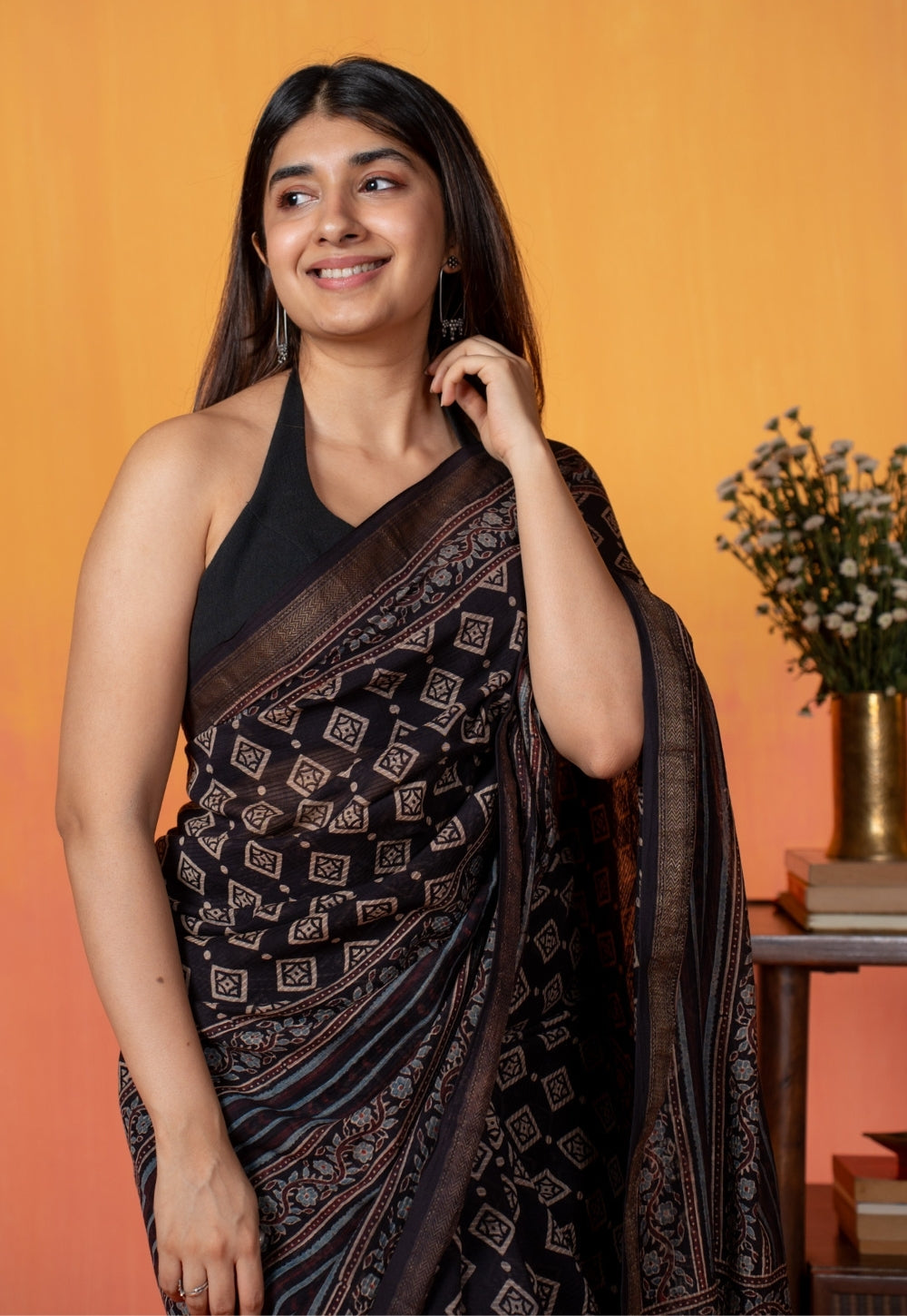 Black Aztec Ajrakh Hand Block Print Maheshwari Saree