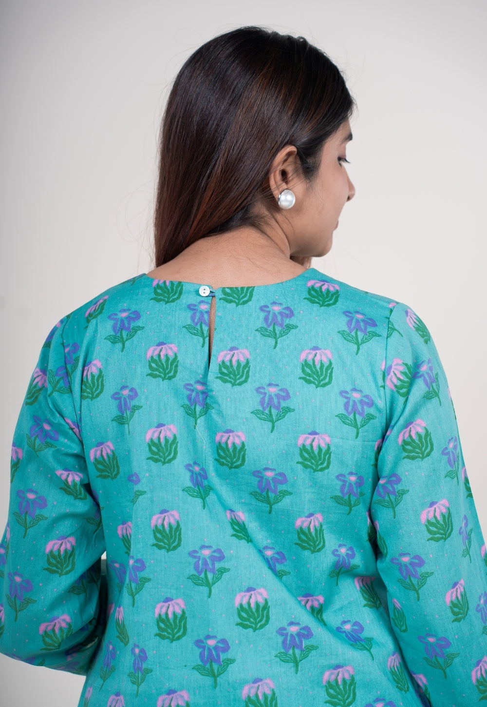 Neel Teal Blue Printed Mul A Line Kurta with Hand Embroidery