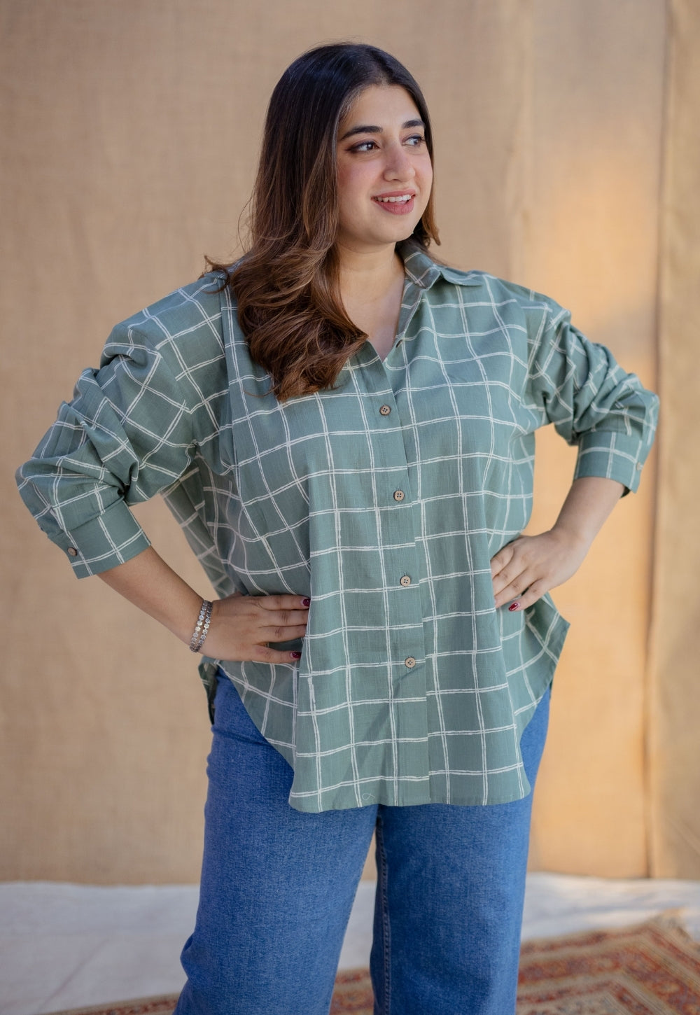 Ruhi Sage Green Dabu Slub Cotton Anti-Fit Shirt