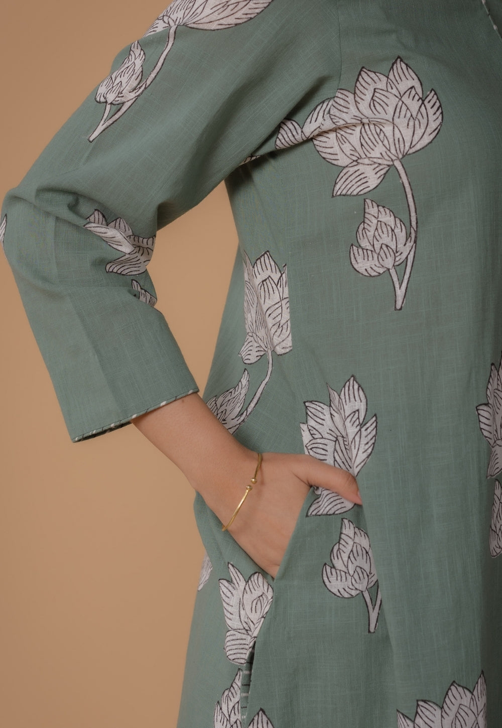 Zoohi Green Dabu Slub Cotton A Line Kurta