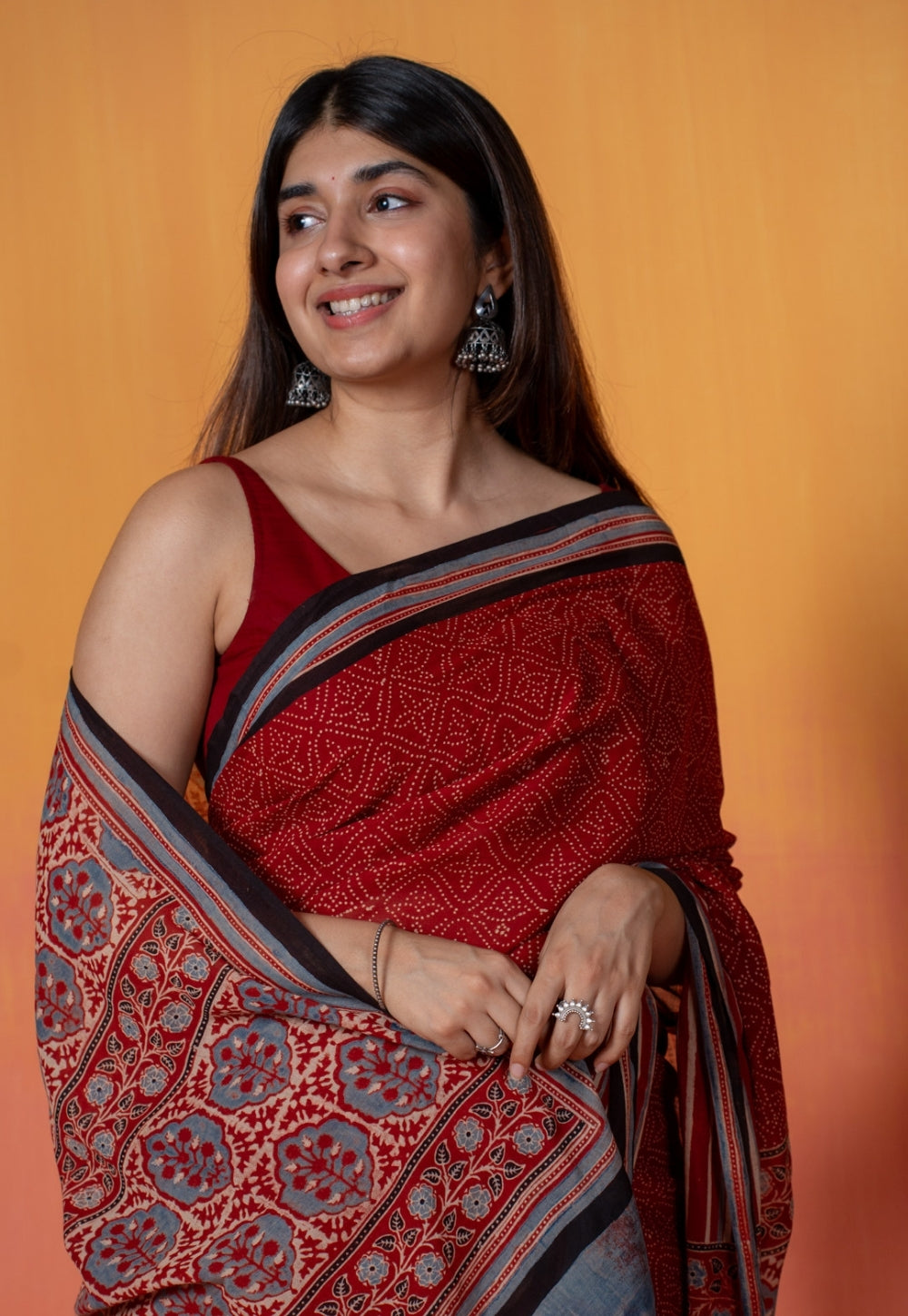 Red Stripe Ajrakh Hand Block Print Mul Saree