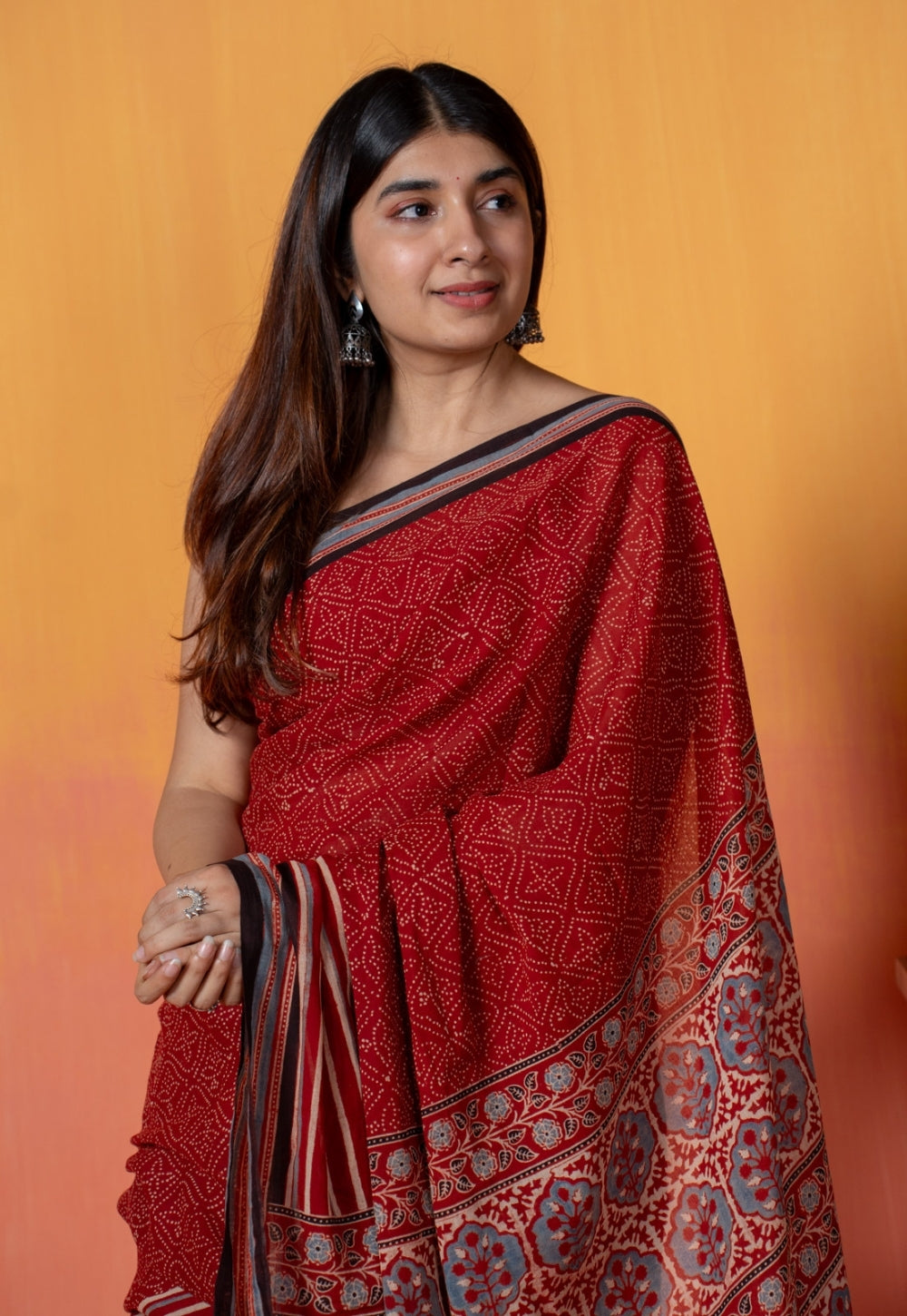 Red Stripe Ajrakh Hand Block Print Mul Saree