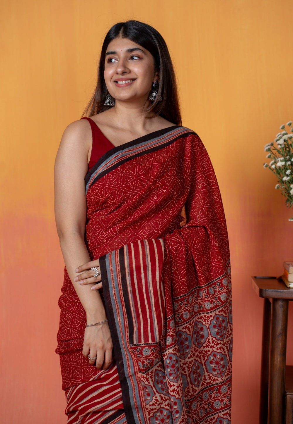 Red Stripe Ajrakh Hand Block Print Mul Saree