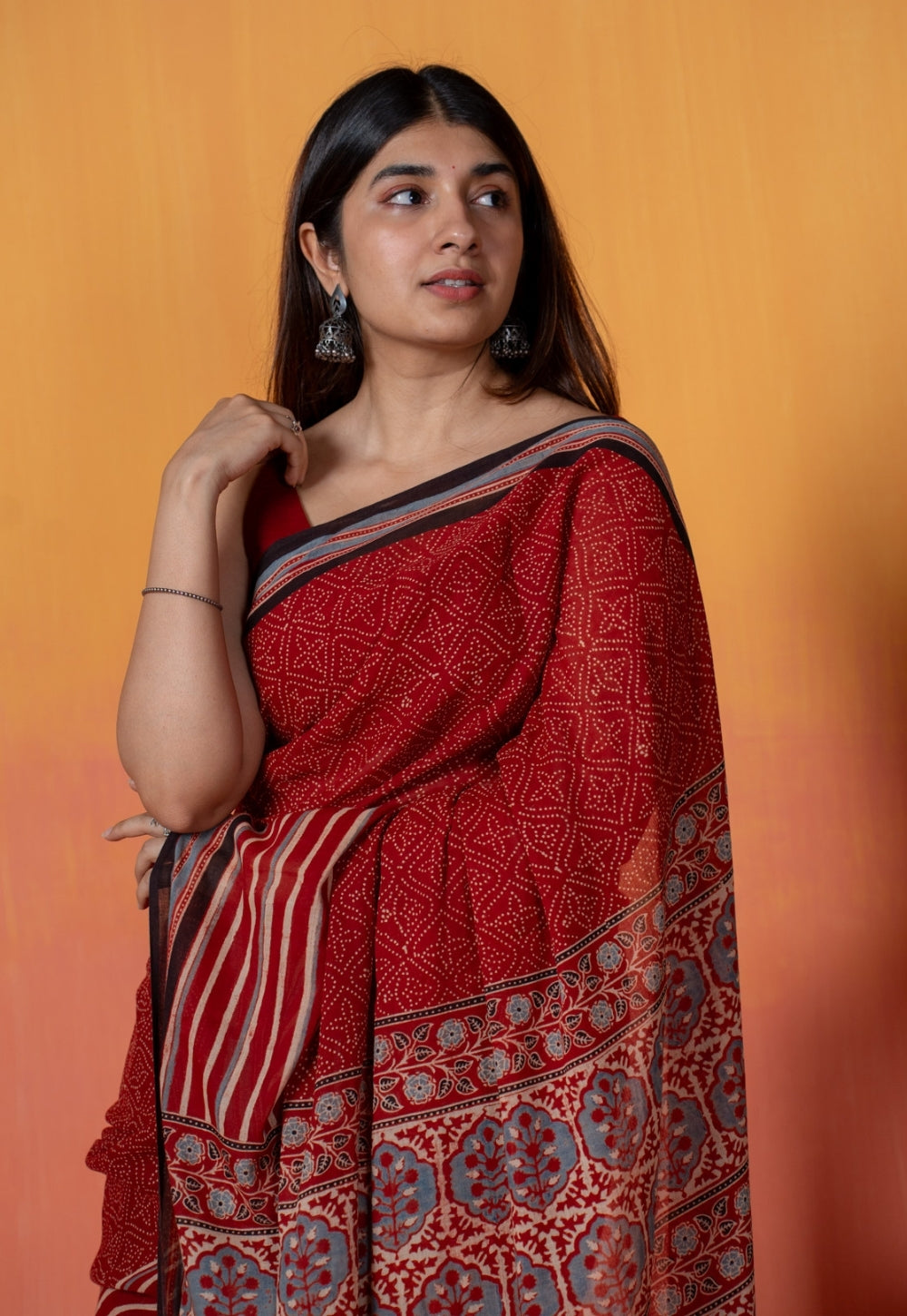 Red Stripe Ajrakh Hand Block Print Mul Saree