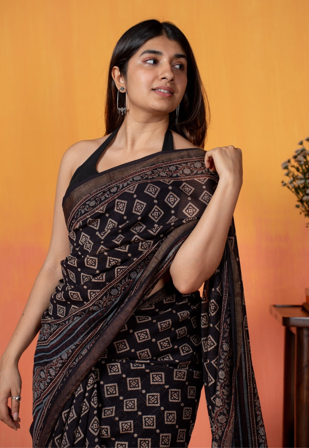 Black Aztec Ajrakh Hand Block Print Maheshwari Saree