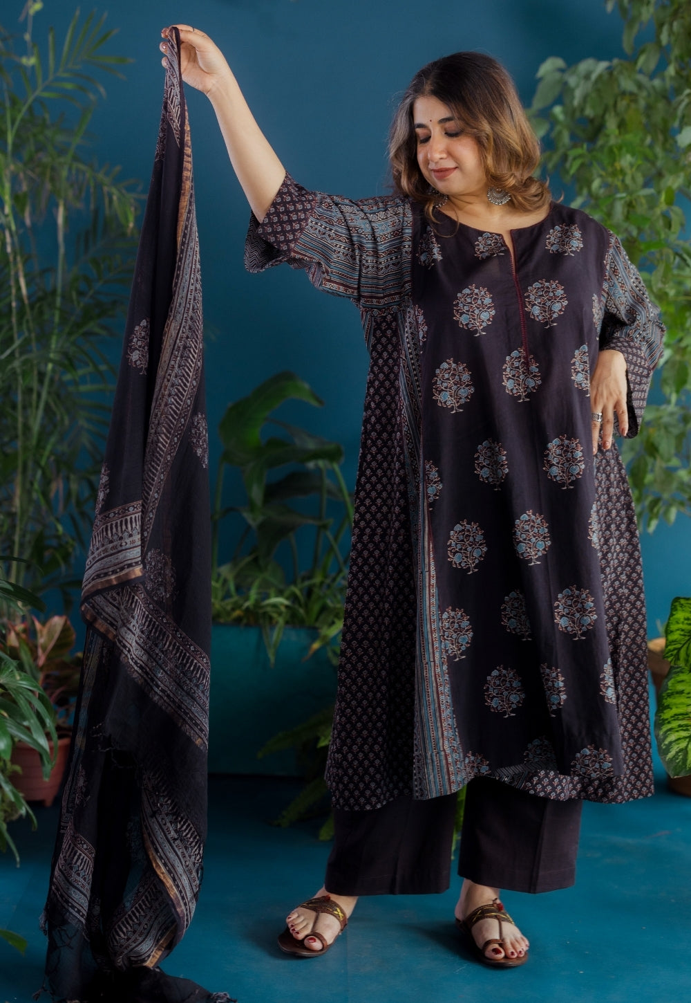 Black Butta Ajrakh Kota Doria Cotton Dupatta