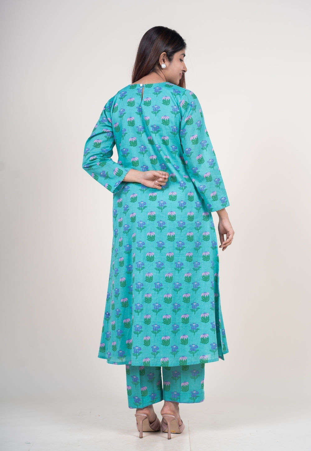 Neel Teal Blue Printed Mul A Line Kurta with Hand Embroidery