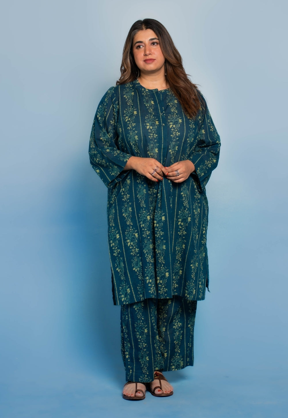 Harshi Teal Blue Dabu Mul Cotton Straight Co-Ord Set
