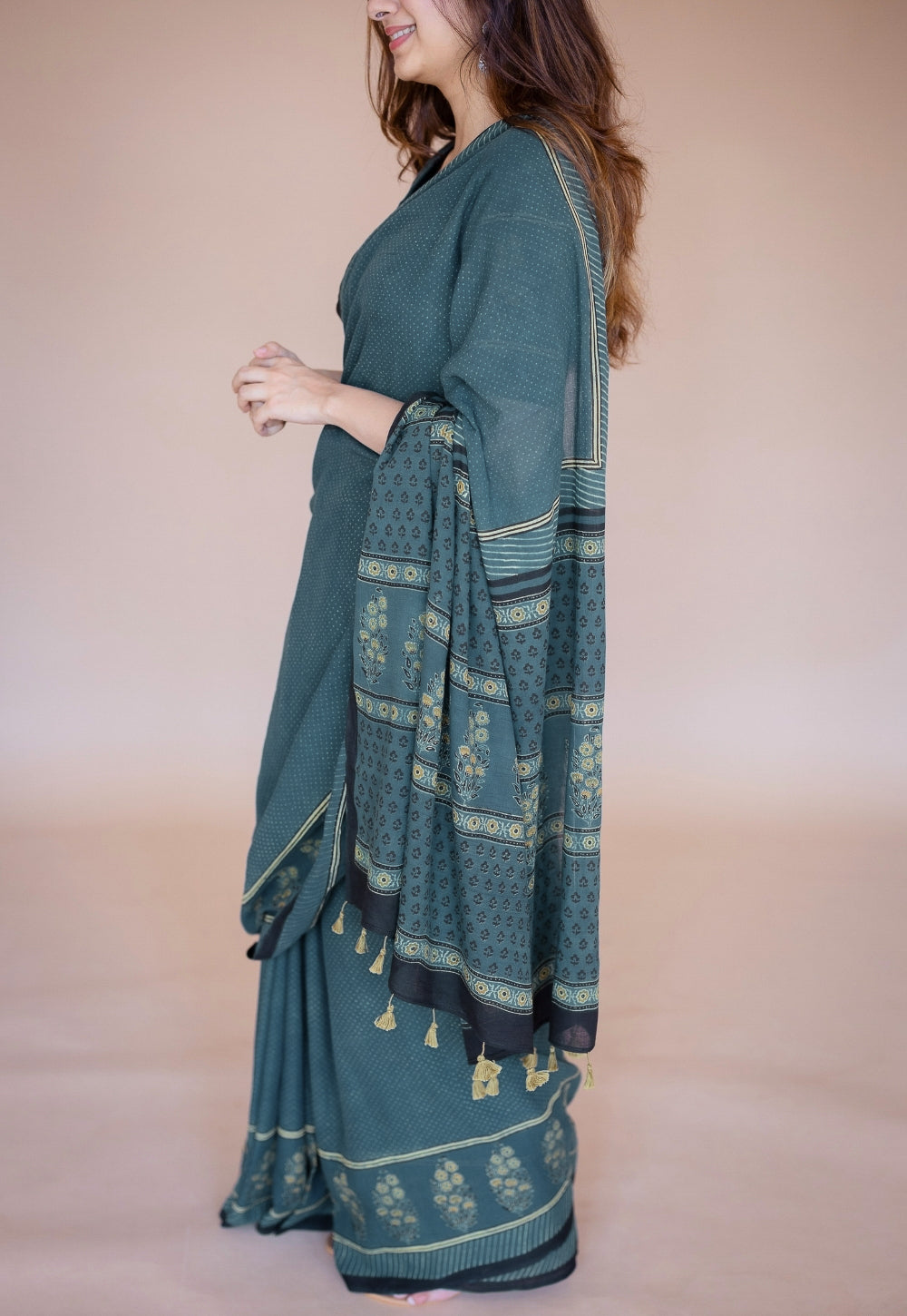 Green Floral Ajrakh Hand Block Print Mul Saree