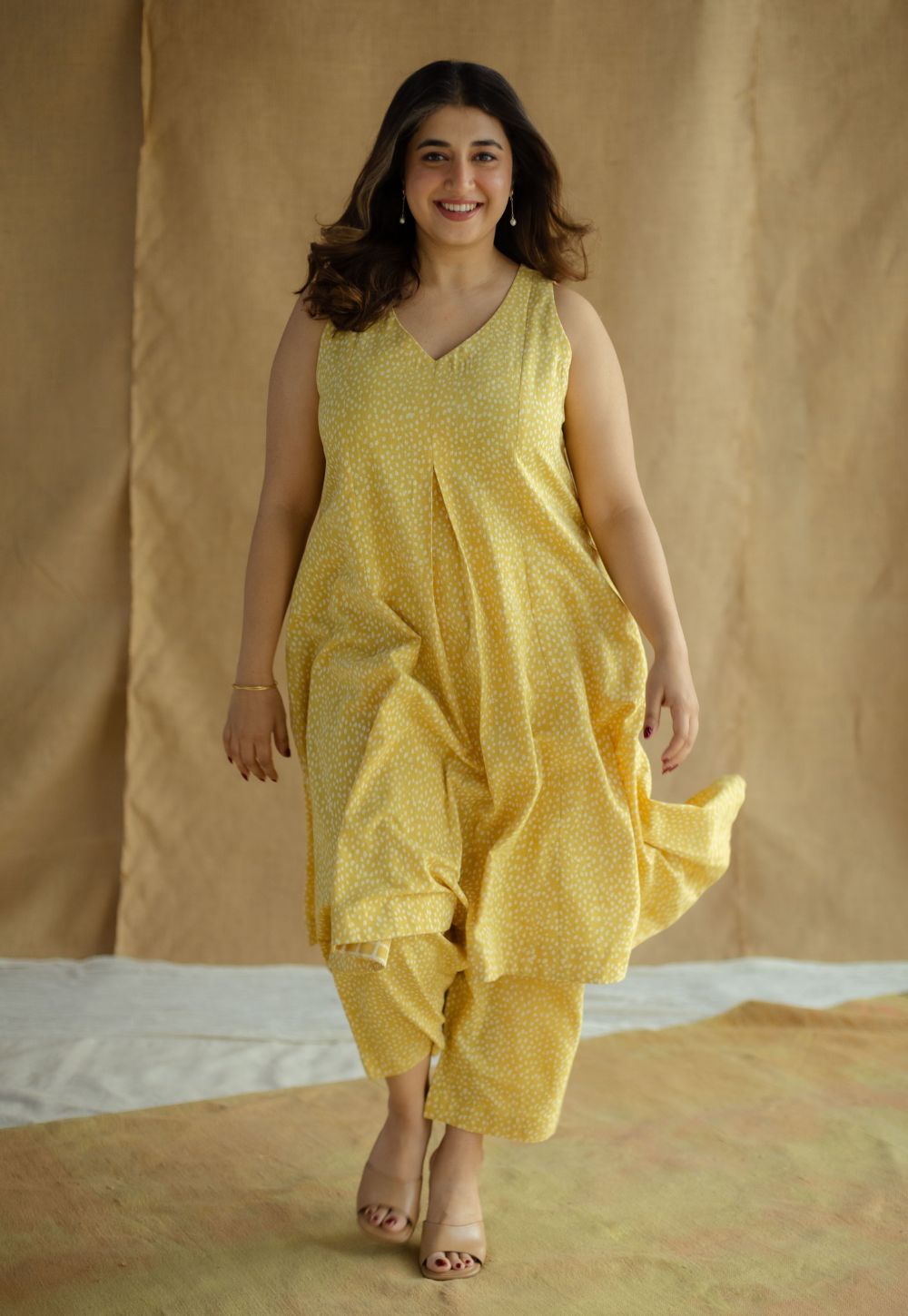 Aziza Mustard Hand Block Print Slub Cotton A Line Co-Ord Set