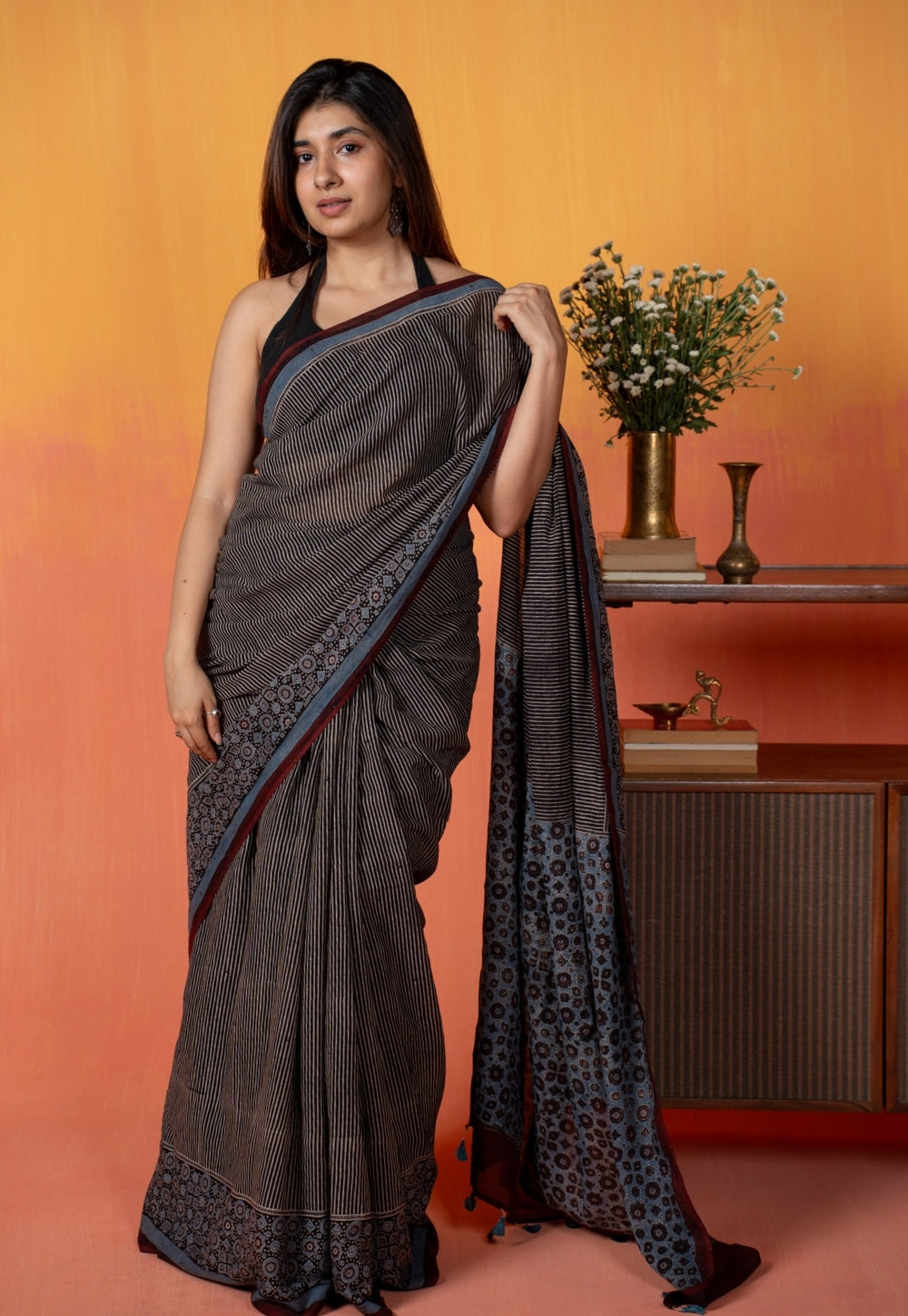 Black Pinstripe Ajrakh Hand Block Print Mul Saree